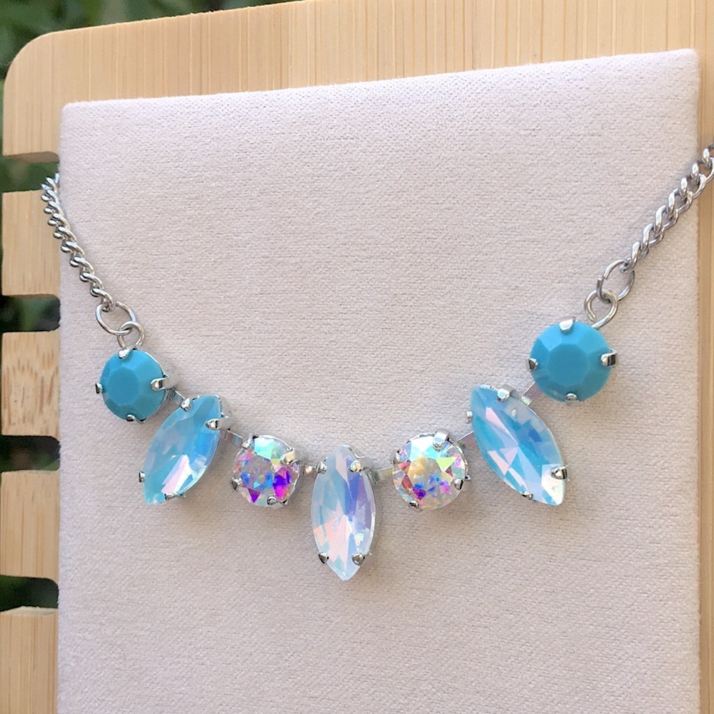 Turquoise, White + Aquamarine Aurora Borealis Opal Crystal + Silver Necklace - Picture 5 of 6